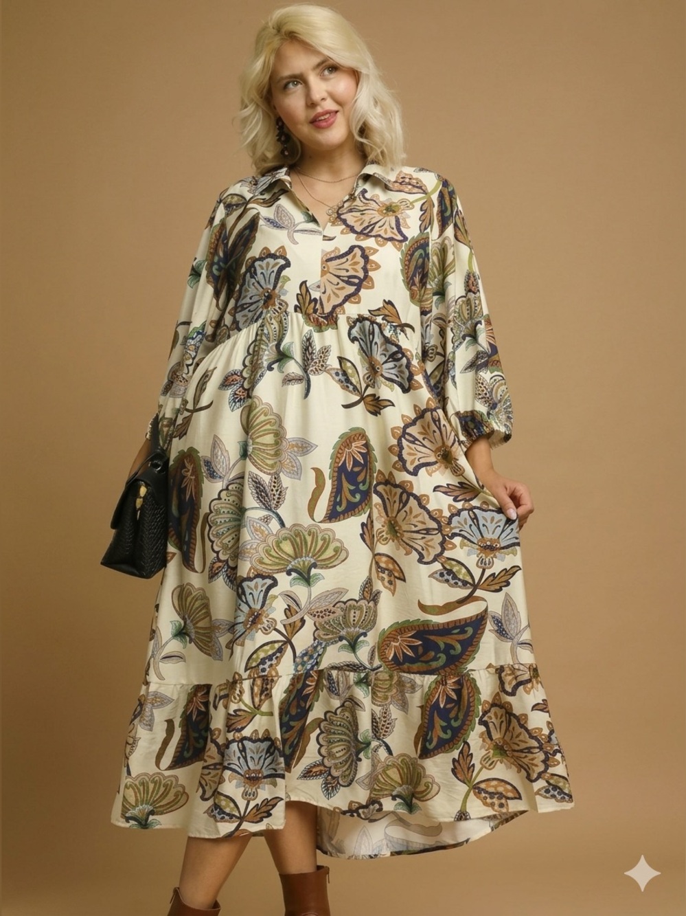 New!Umgee Plus Size Boho Paisley Lined Tiered Midi Dress Size 1X